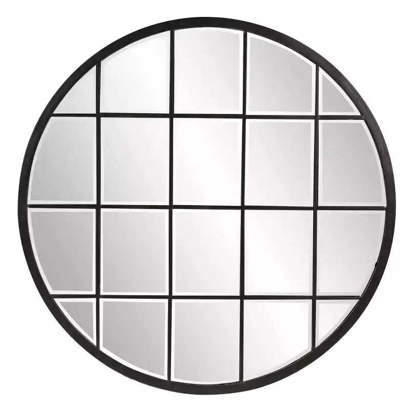 Howard Elliott 36"x36" Round Wall Mirror with Metal Windowpane Frame: Oil Rubbed Bronze Beveled Glass No Assembly Required