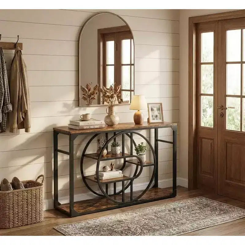 55 Industrial Entryway Table 5-Tier Console with O-Shaped Metal Frame & Storage for Living Room & Hallway