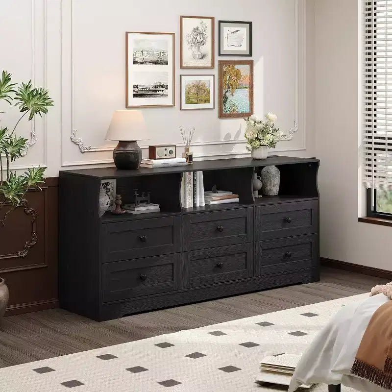 6-Drawer Slim Dresser with Open Shelf for Bedroom Nursery & Closet Black
