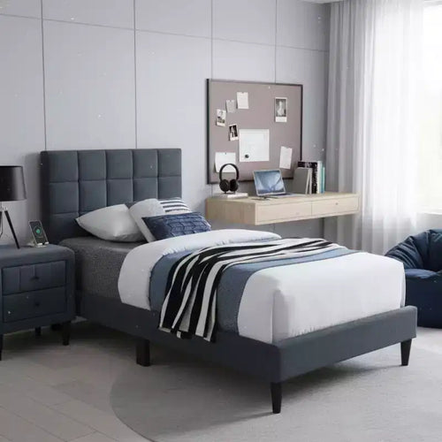 GDFStudio Ethan Contemporary Brushed Linen Upholstered Platform Bed with Adjustable Headboard