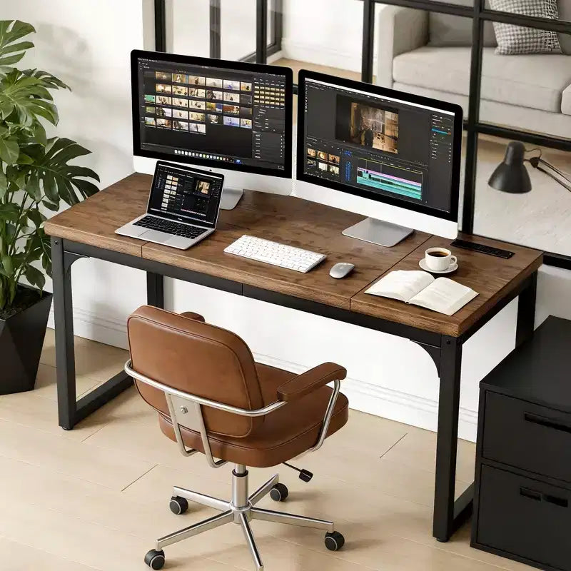 Dyonery Computer Desk with Power Outlets 1.2 Inch Extra-Thick Home Office Desktop Gaming Writing Work for Home Office Rustic Brown