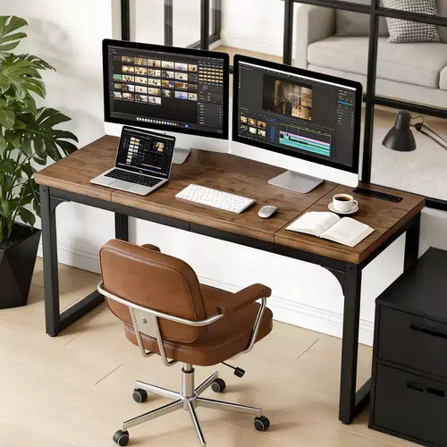 Dyonery Computer Desk with Power Outlets 1.2 Inch Extra-Thick Home Office Desktop Gaming Writing Work for Home Office Rustic Brown