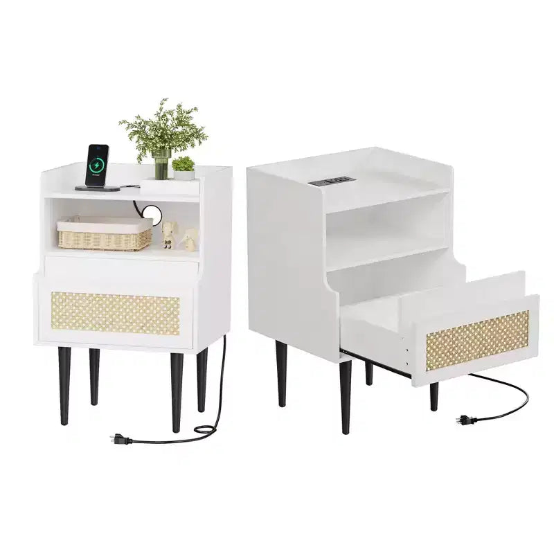 Nightstands Set of 2 TruAIR Rattan Beside Table with Drawer & Charging Station White Wood End Table