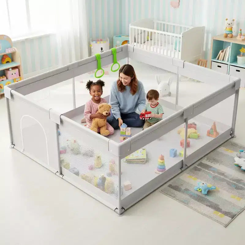 Extra Large Baby Playpen with Gate Indoor Toddler Play Yard & Kids Play Area Fence Sturdy Gray 6959x26in