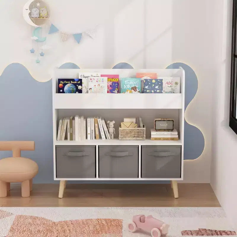 Kids Bookshelf with 3 Fabric Bins Childrens Bookcase and Toy Storage Organizer for Playroom Bedroom or Nursery White & Gray