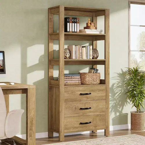 Lantine Bookcase with Drawers 70.9 Bookshelf with Storage Shelves Large Bookshelves Cabinet for Living Room Bedroom Home Office Rustic Brown