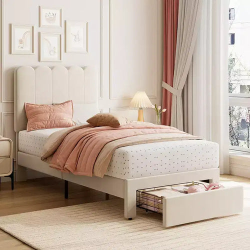 Contemporary Upholstered Twin Platform Bed Frame with Wave Headboard Storage Drawer Noise-Free No Box Needed