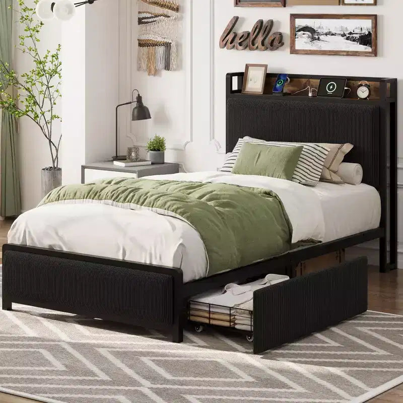 Upholstered Platform Bed Frame with Storage Headboard No Box Spring Needed Noise Free