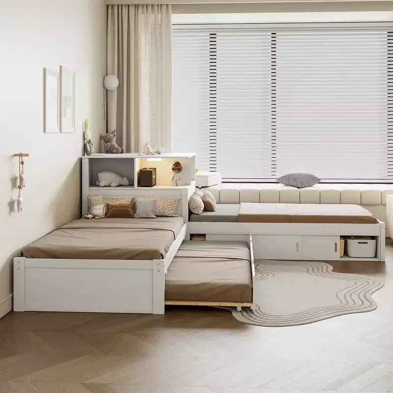 GDFStudio Parker L-Shaped Platform Bed with Storage Cabinets Desk Trundle and LED Light Twin Size