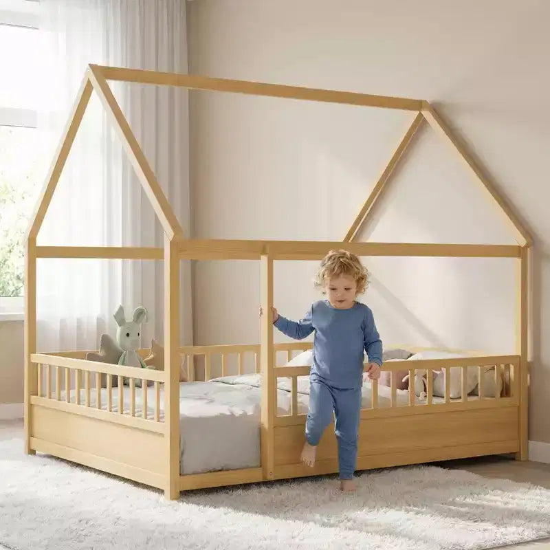 Kids Montessori House Floor Bed Frame with Roof & Safety Guardrails Full Size Solid Pine Wood Kids Bed Natural Finish