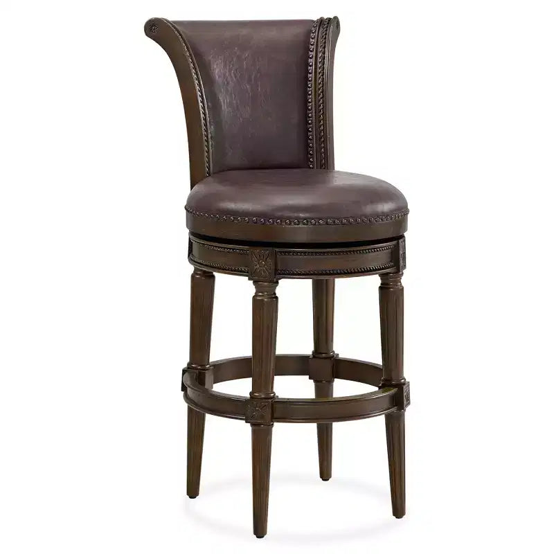 ROME + OAK Runyan 26 Swivel Counter Stool Rotating High Back Barstool in Dark Walnut Finish with Vintage Brown Vegan Leather Seat