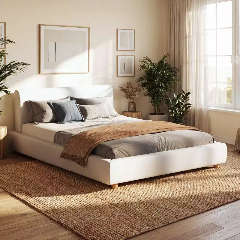 Queen/King Size Upholstered Platform Bed Frame with Soft Padded Headboard White - ModernLuxe