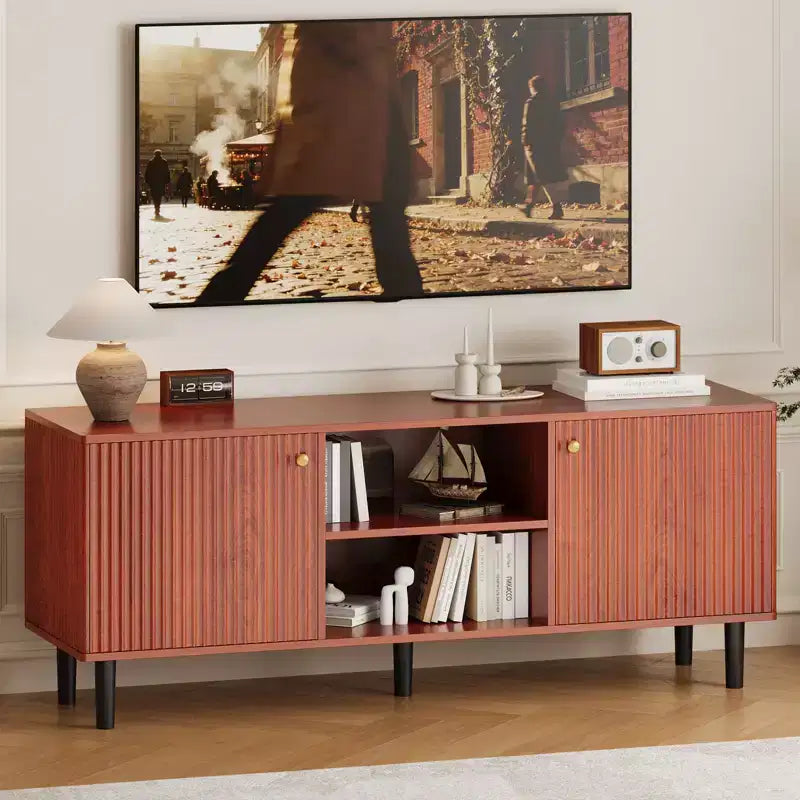 TV Stand Console Wooden Fluted Media Console Table Mid Century Entertainment Center with Adjustable Shelf and Storage for Bedroom Living Room