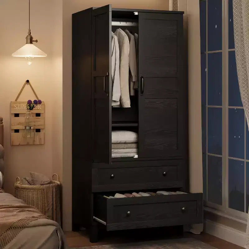 GustoWave 72 Wooden Wardrobe Armoire 2-Drawer Closet with Hanging Rod & Adjustable Shelf Heavy Duty Bedroom Storage Cabinet
