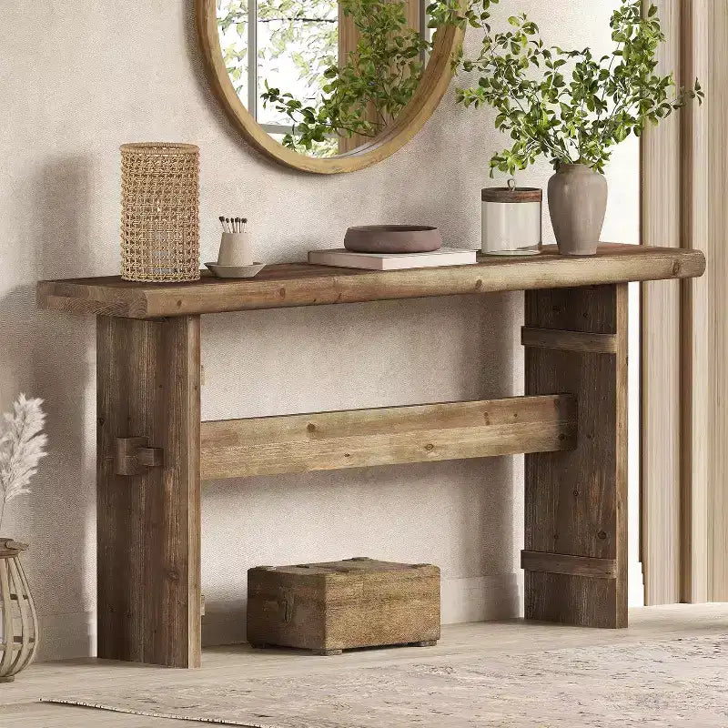 Lantine 63-Inch Solid Wood Console Table for Entryway Long Sofa Table Behind Couch for Foyer Hallway Living Room Easy Asswmbly Brown Greige