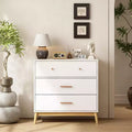 Nordic Style 3-Drawer Storage Cabinet Modern White Chest with Rose Gold Handles and Solid Wood Base for Office Kids Room or Nursery