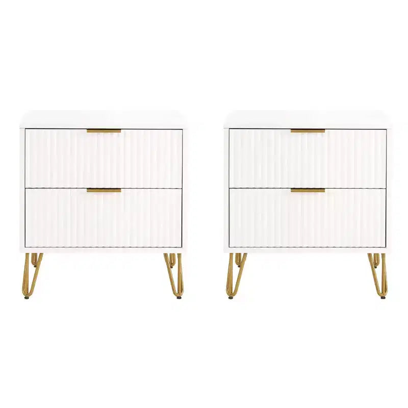 Manhattan Comfort Set of 2 Dumbo 2 Drawer Nightstands White: Modern Style MDF Frame Metal Glides Storage Solution