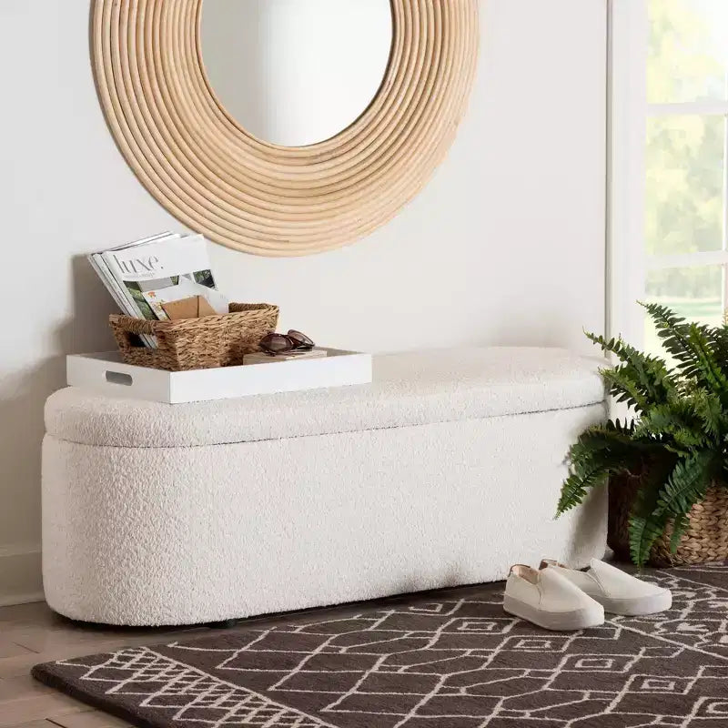 Baxton Studio Lavina Teddy Bear Fabric Storage Bench White: Oval Upholstered Ottoman No Assembly Required