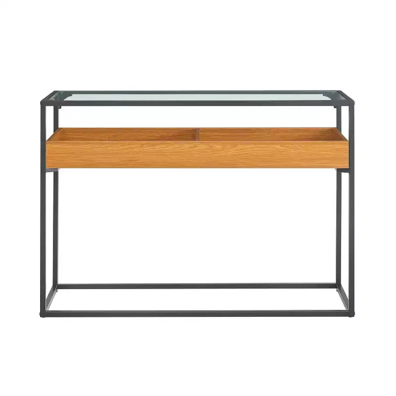 Danya B. Saarinen Glass Top Console Table Golden Oak: Laminated Metal Frame Tempered Glass Storage Shelf