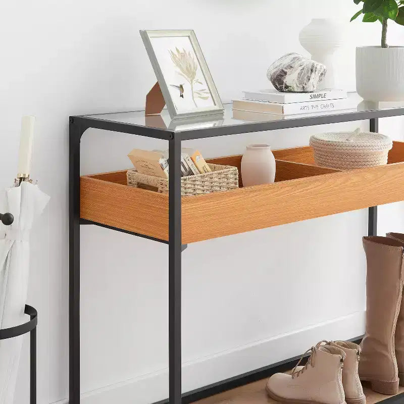 Console avec plateau en verre en chêne doré