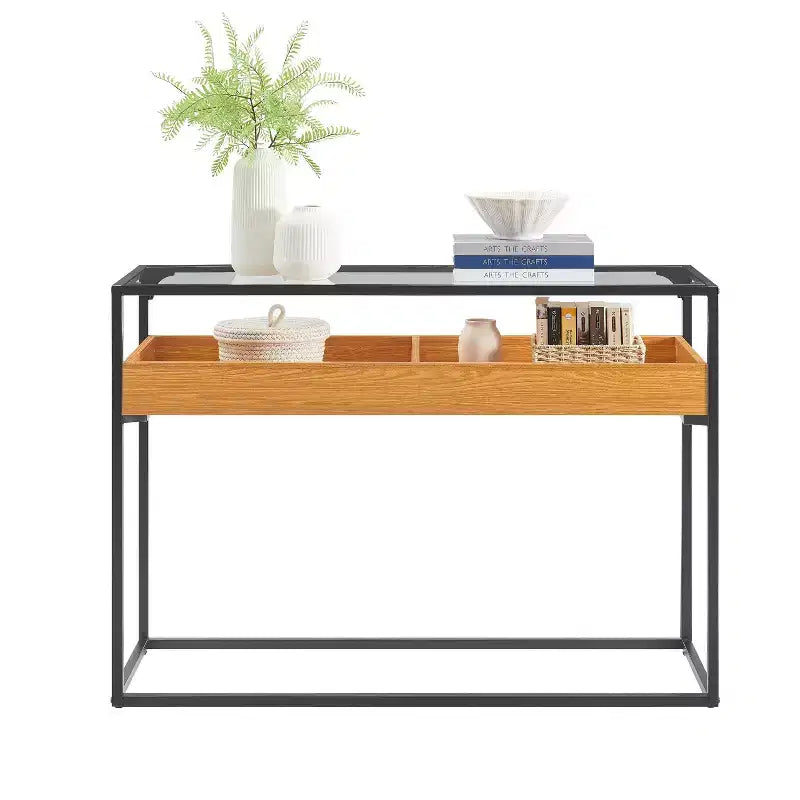 Console avec plateau en verre en chêne doré