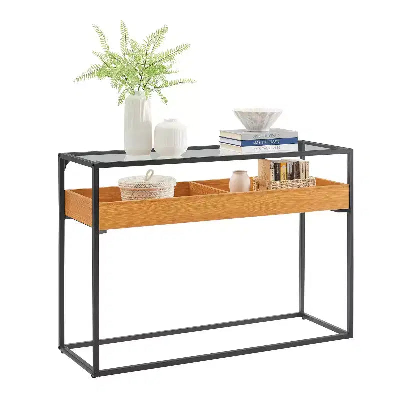 Console avec plateau en verre en chêne doré