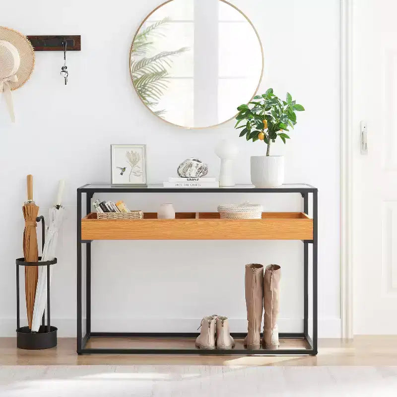Console avec plateau en verre en chêne doré
