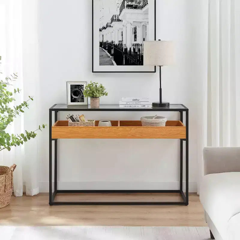 Console avec plateau en verre en chêne doré
