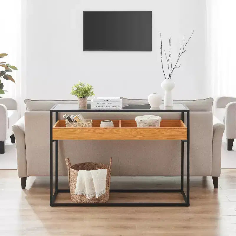 Console avec plateau en verre en chêne doré