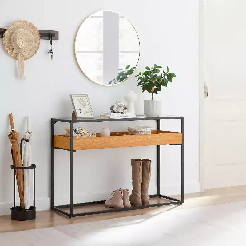 Console avec plateau en verre en chêne doré