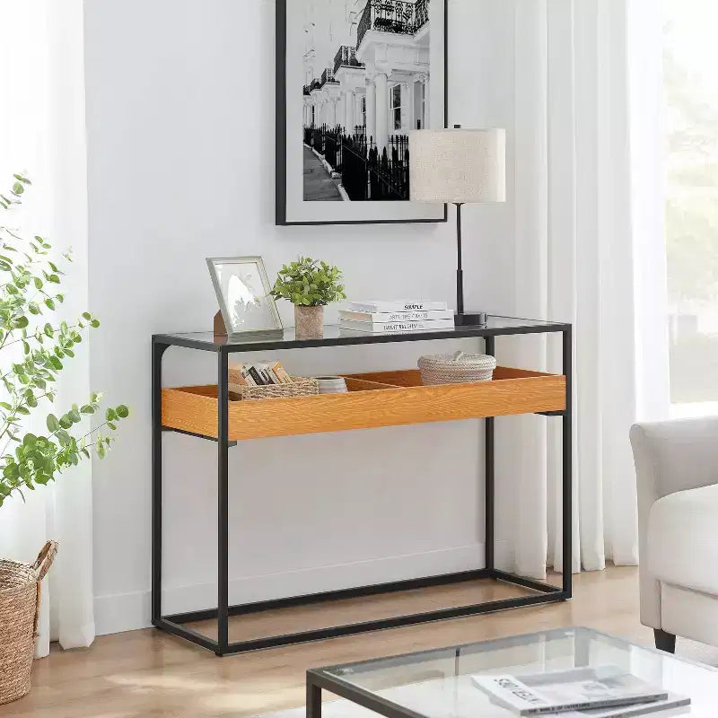 Console avec plateau en verre en chêne doré