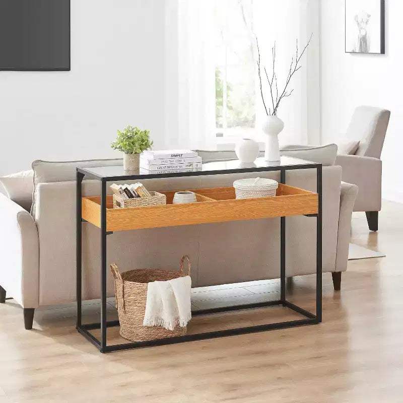 Console avec plateau en verre en chêne doré