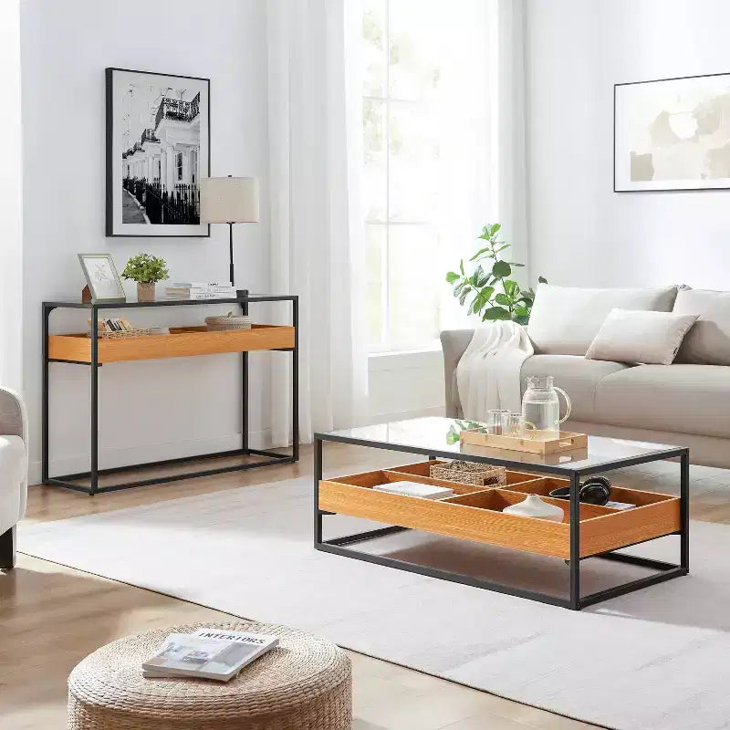 Console avec plateau en verre en chêne doré