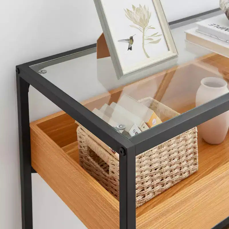 Console avec plateau en verre en chêne doré