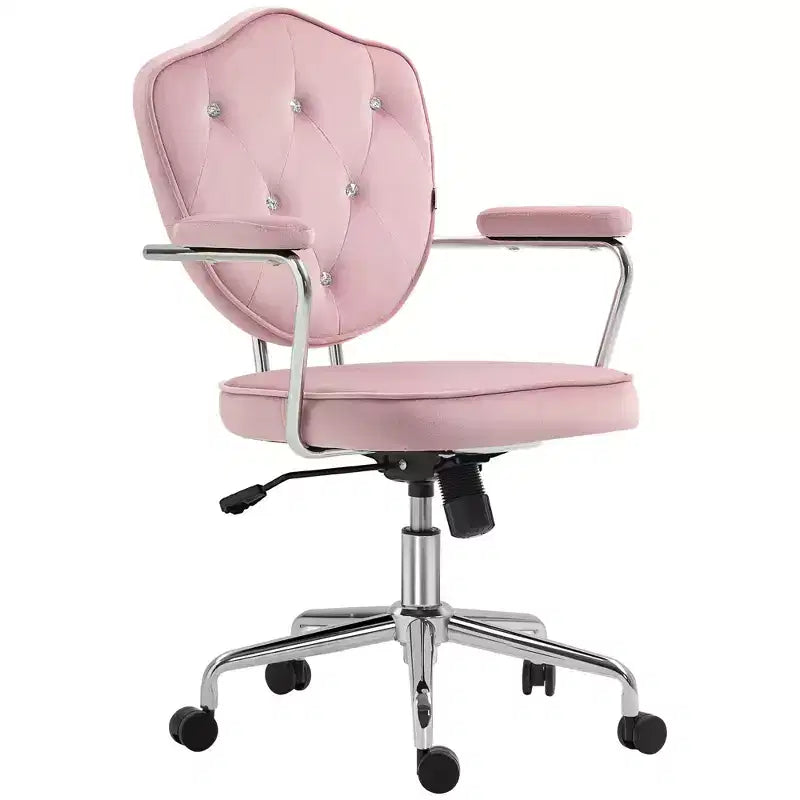 HOMCOM Cute Office Chair Velvet-feel Fabric Computer Vanity Chair with Button Tufted Swivel Desk Chair